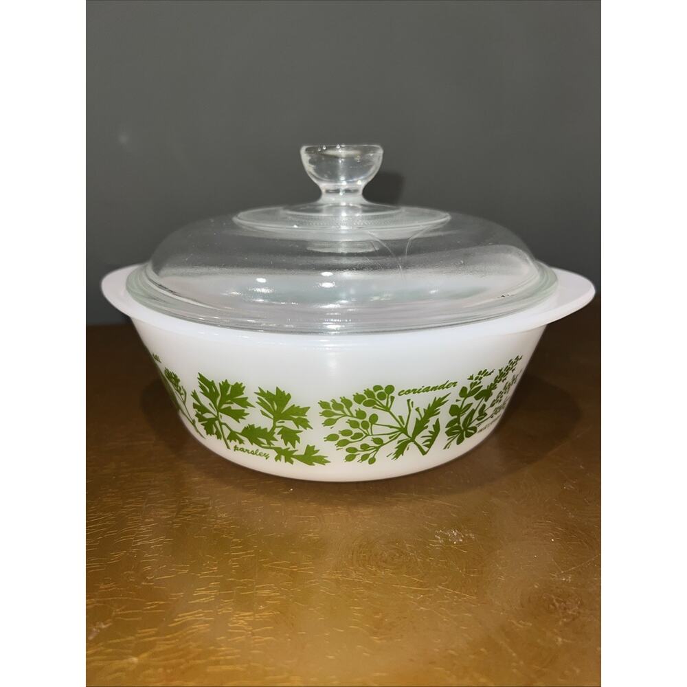 Glasbake Casserole Dish With Lid 7 Inch Round Green Herbs Made in USA J510 - 1qt